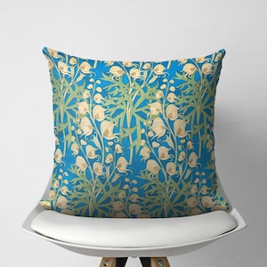 Housse de coussin floral William Morris bleu vert et beige, coussin de style Arts & Crafts, coussin décoratif botanique pour décoration de canapé