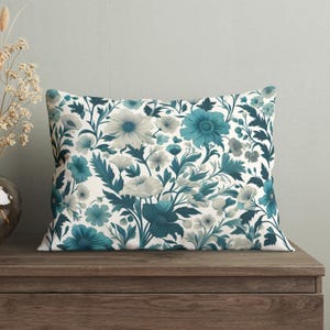 Victorian Floral Lumbar Pillow with Blue and Light Blue Flowers, Insert Included, Elegant Decorative Throw Pillow, Classic Cottage Cushion