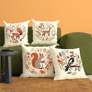 Funda de almohada con animales del bosque otoñal, cojín minimalista con zorro y ardilla, bonita decoración para habitación de bebé, pájaro carpintero y cervatillo, decoración de guardería otoñal