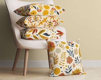 Double-Sided Throw Pillow and Cushion Cover with Yellow and Orange Leaves Flowers, 4 Styles, Decorative Pillow with Modern Floral Design