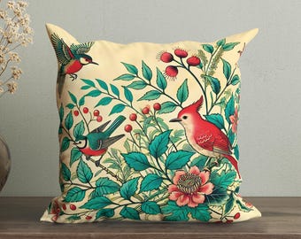 Vintage Asian Botanical Floral Throw Pillow Cover with Birds, Vibrant Green Decorative Cushion for Chair, Relaxing Japanese Nature Accent