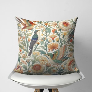 Botanical William Morris Pillow Cover with Birds, Mystic Nature Inspired Cushion, Floral Morris Throw Pillow, Elegant Chic Farmhouse Decor