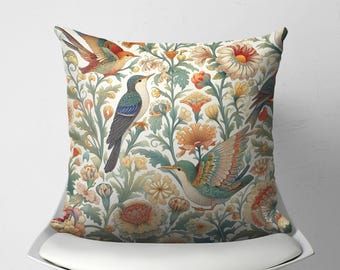 Botanical William Morris Pillow Cover with Birds, Mystic Nature Inspired Cushion, Floral Morris Throw Pillow, Elegant Chic Farmhouse Decor