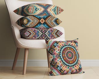 Färgglatt Hmong-örngott, etnisk folklig boho-kudde, eklektisk boho-prydnadskudde, vibrerande geometriskt asiatiskt dekorativt örngott