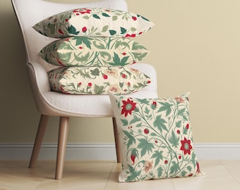 Floral William Morris Inspired Pillow Cover, Art Nouveau Cushion, Vintage British Flower Throw Pillow, Cream Sage Decorative Pillow Case