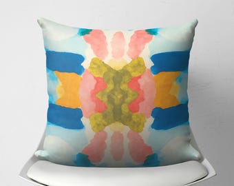Mirrored Abstract Throw Pillow Cover, Blue Pink Yellow Mirror Decorative Cushion, Modern Art Decor, Designer Pillowcase with Brushstrokes