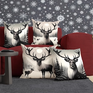 Winter Reindeer Pillow Cover, Black and White Winter Cushion, 3 Styles, Gray Square Decorative Throw Pillow Case for Winter Cottage Decor