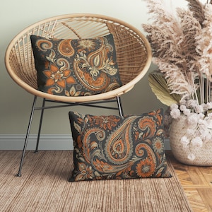 Vintage Paisley Lumbar Pillow, Insert Included, Distressed Orange Charcoal Lumbar Cushion, Boho Chic Sofa Pillow, Decorative Bed Pillow