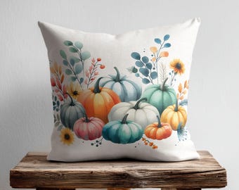 Watercolor Pumpkin Pillow Case, Fall Throw Pillow, Rustic Pumpkin, Thanksgiving Scatter Cushion with Colorful Pumpkins, Chic Farmhouse Decor