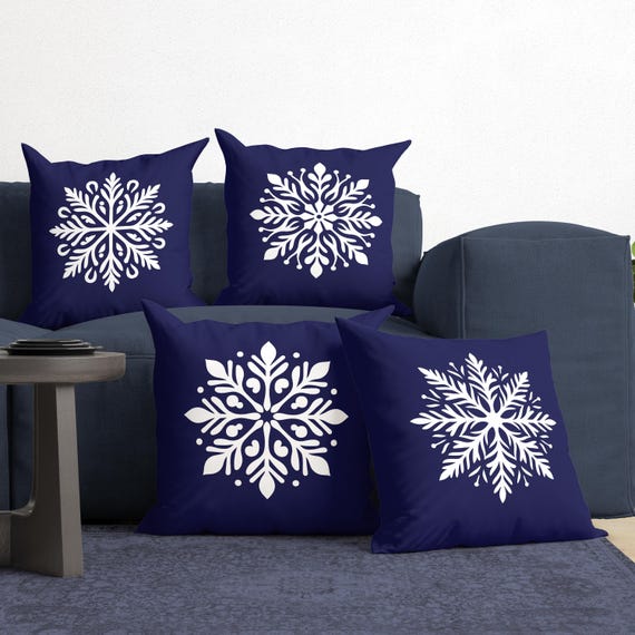 Blue Snowflake Pillow Cover, White and Blue Winter Throw Pillow