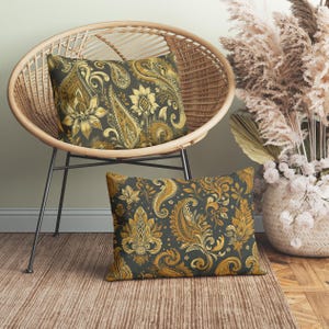 Vintage Ochre Yellow & Charcoal Paisley Lumbar Pillow, Insert Included, Distressed Boho Chic Sofa Cushion, Orange Decorative Throw Pillow