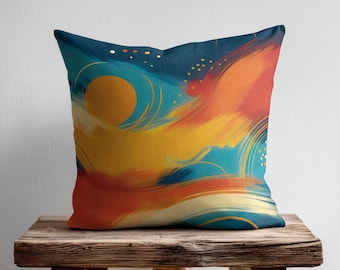 Vibrant Abstract Cushion Cover, Yellow Orange Blue Throw Pillow, Decorative Pillow for Kids Bedroom, Colorful Pillow Case for Modern Decor