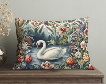 Enchanted Swan Lumbar Throw Pillow with Insert Included, Cottagecore Decorative Cushion, Elegant Nature Inspired Home and Bedroom Decor