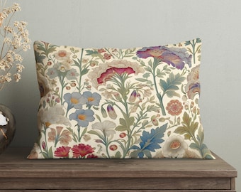 Vintage William Morris Inspired Floral Lumbar Throw Pillow, Insert Included, Botanical Art Nouveau Decorative Cushion with Victorian Flowers
