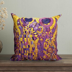 Gustav Klimt Abstract Pillow Cover, Artistic Golden Yellow & Purple Throw Pillow, Mosaic Cushion, Modern Living Room Decor, Armchair Pillow