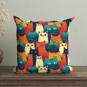 Funda de almohada con diseño de gatos caprichosos, divertida funda de almohada decorativa, divertida funda de cojín con gatos coloridos, bonito regalo para amantes de los gatos, decoración de gatos