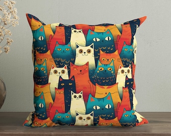 Whimsical Cats Throw Pillow Cover, Funny Decorative Pillow Case, Fun Cushion Cover with Colorful Cats, Cute Cat Lover Gift, Cat Decor