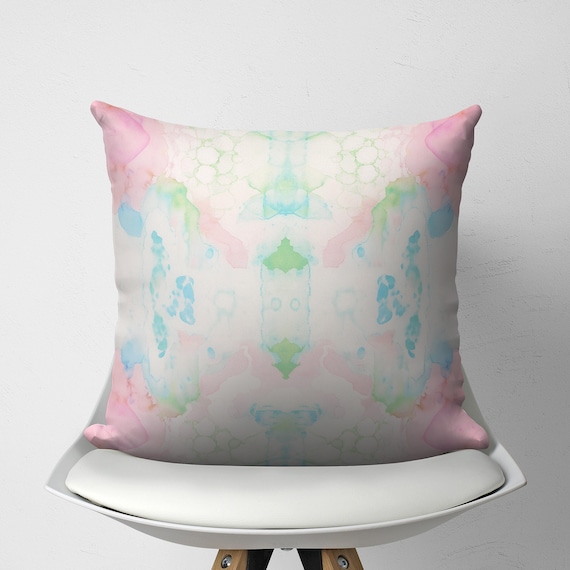 Pink Green Blue Mirrored Art Throw Pillow, Pastel Watercolor Decorative Pillow, College Girl Dorm Decor, Modern Abstract Art Cushion Cover