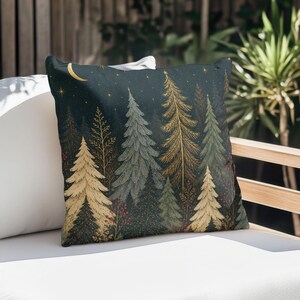 Dark Winter Forest Outdoor Pillow Cover, Gold Moon Pine Tree Throw Pillow, Celestial Christmas Cushion, Moody Woodland Patio Decor