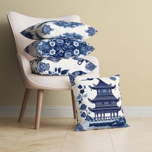 Double-Sided Throw Pillow and Cushion Cover in English &quot;Blue Willow&quot; Style, 4 Styles, Blue Oriental and Asiatic Decorative Pillow Cover