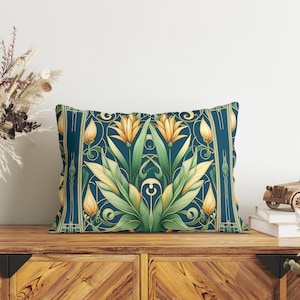 Art Nouveau Floral Lumbar Throw Pillow, Insert Included, Retro Decorative Pillow, Elegant Flower Design Cushion, Luxurious Dark Teal Accent