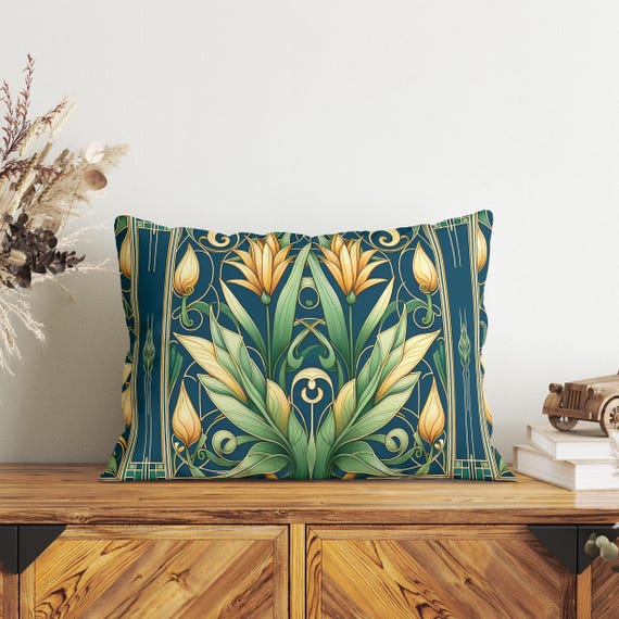 Art Nouveau Floral Lumbar Throw Pillow, Insert Included, Retro