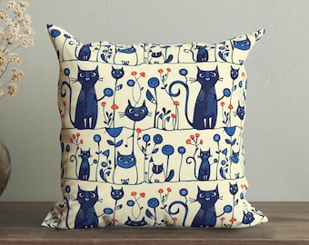 French Country Chic Cat Pillow Cover, Cozy Cottage Throw Pillow, Elegant French Farmhouse Decor, Rustic Decorative Cushion with Cute Cats