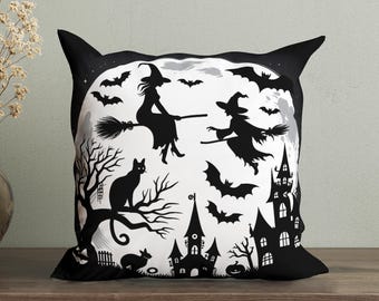 不気味なハロウィーンの装飾に最適な魔女の枕カバーとクッション、黒猫とコウモリの月光アクセント枕、魔女の満月のホームデコレーション