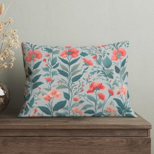 Gray Floral Lumbar Throw Pillow with Peach Flowers, Vintage Decorative Cushion, Antique Lumbar Cushion for Bedroom and Living Room Decor