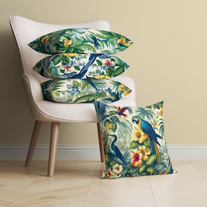 Cream Tropical Floral Throw Pillow Cover with Colorful Parrots, Retro Exotic Botanical Decorative Cushion Case, Tropical Living Room Decor
