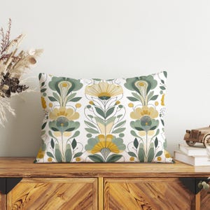 Mid Century Modern Floral Lumbar Throw Pillow for Bed, Insert Included, Designer Decorative Cushion, Retro Flowers Pillow for Bedroom Decor