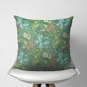 Retro Green William Morris Botanical Decorative Pillow Cover, Vintage Floral Cottage Cushion, Art Nouveau Designer Throw Pillow for Couch
