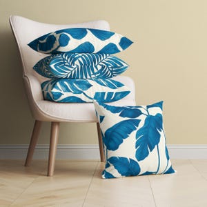 Blue Cream Tropical Leaves Throw Pillow Cover, Palm Leaf Cushion, Chic Coastal Throw Pillow, Teal Botanical Exotic Pillow Case, Beach House