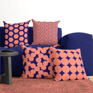 Salmon Pink & Navy Blue Pillow Cover, Vibrant Geometric Throw Pillow, Modern Designer Cushion, Decorative Pillow for Couch, 16x16, 18x18