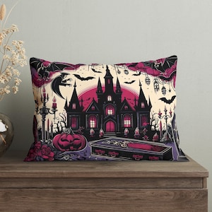 Gothic Haunted House Pillow, Vampire Decor, 25x18 Halloween Throw Pillow, Purple 20x14 Lumbar Cushion, Goth Girl Gift, Insert Included
