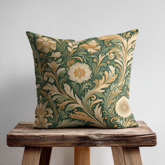 Kissenbezug mit grünem und goldenem Blumenmuster, Retro-Kissen mit botanischen Motiven, Vintage-Dekokissen, Landhausstil, Chic Farmhouse, antiker Wandteppich