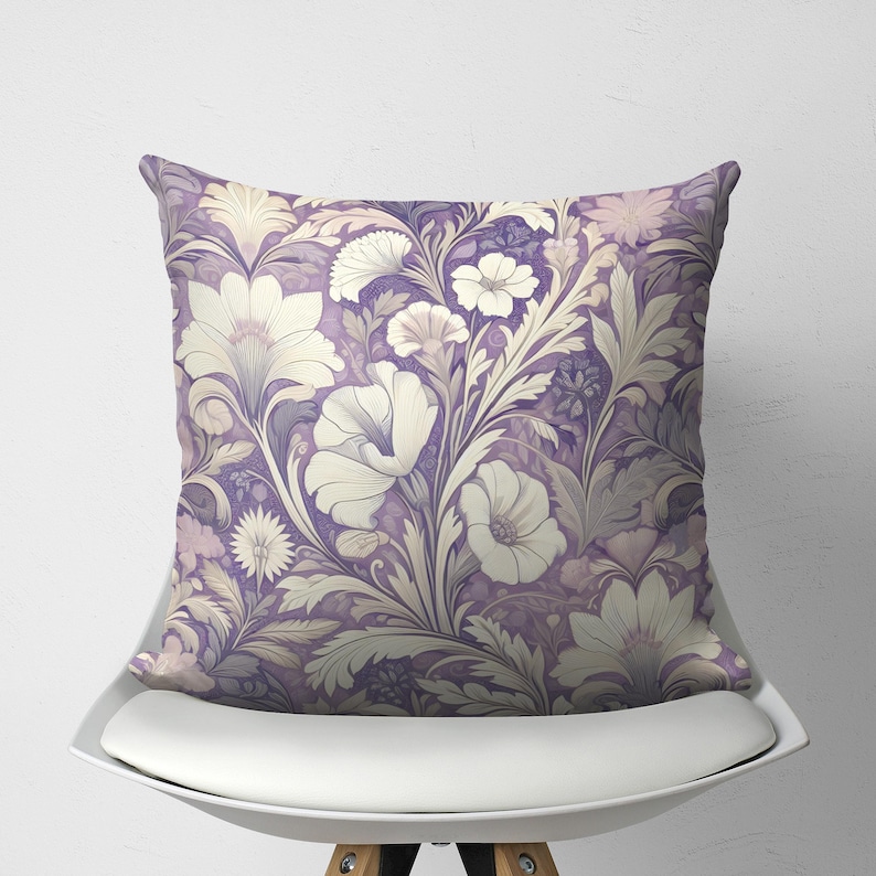 Lilac Floral William Morris Cushion Cover, Vintage Pillow Cover, Lavender Decorative Pillow, Chic Farmhouse Decor, Purple Home Accent image 1