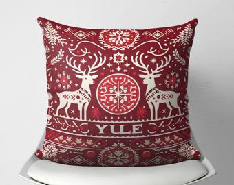 Traditional Scandinavian Yule Throw Pillow Cover with Reindeers, Geometric Yuletide Cushion, Swedish Decor, Danish Christmas, Yule Gift