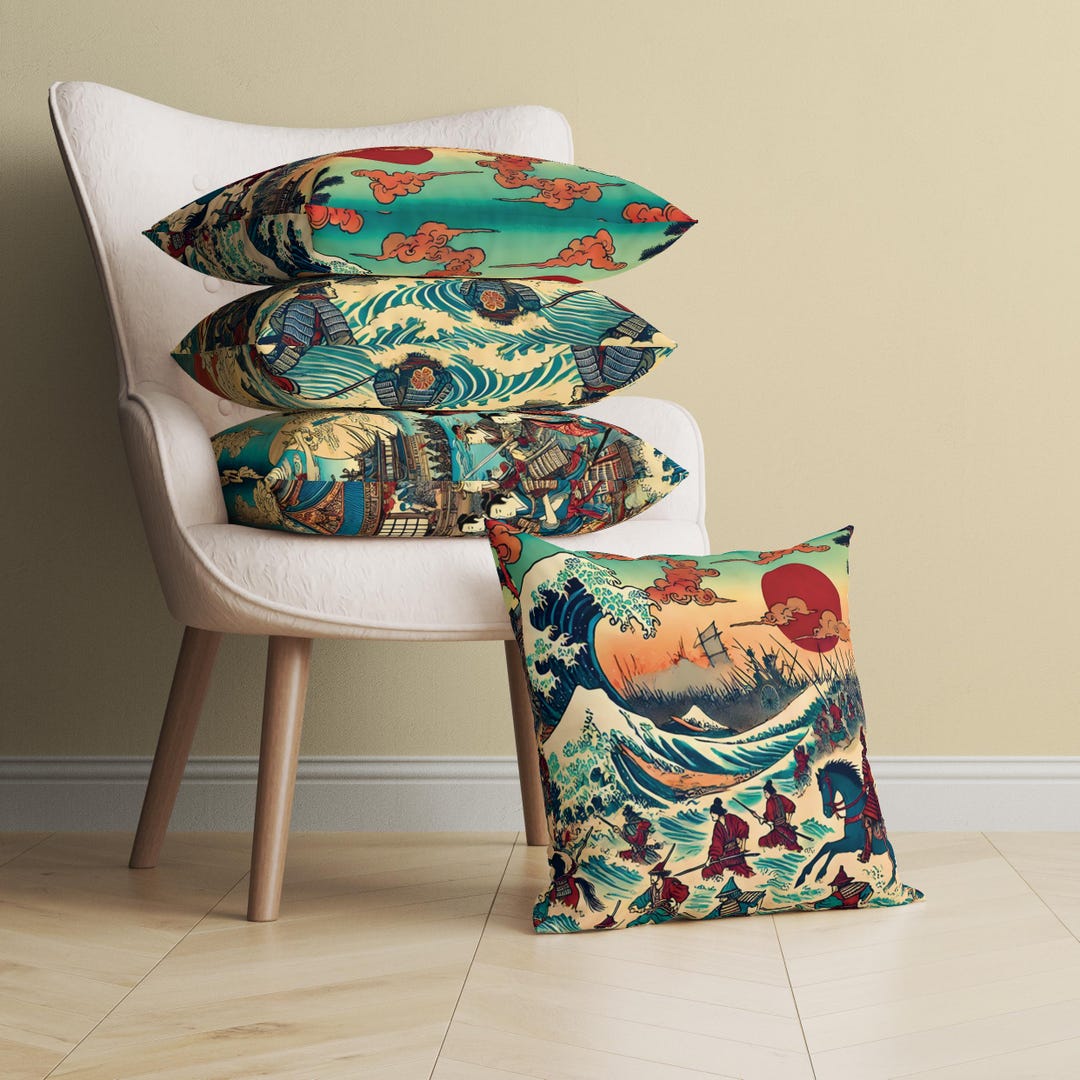 Oriental Ukiyo-e Decorative Pillow Cover With Battle Scenes