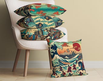 Oriental Ukiyo-e Decorative Pillow Cover with Battle Scenes, Traditional Asian Accent Pillow, Japanese Art Cushion, War Game Room Decor