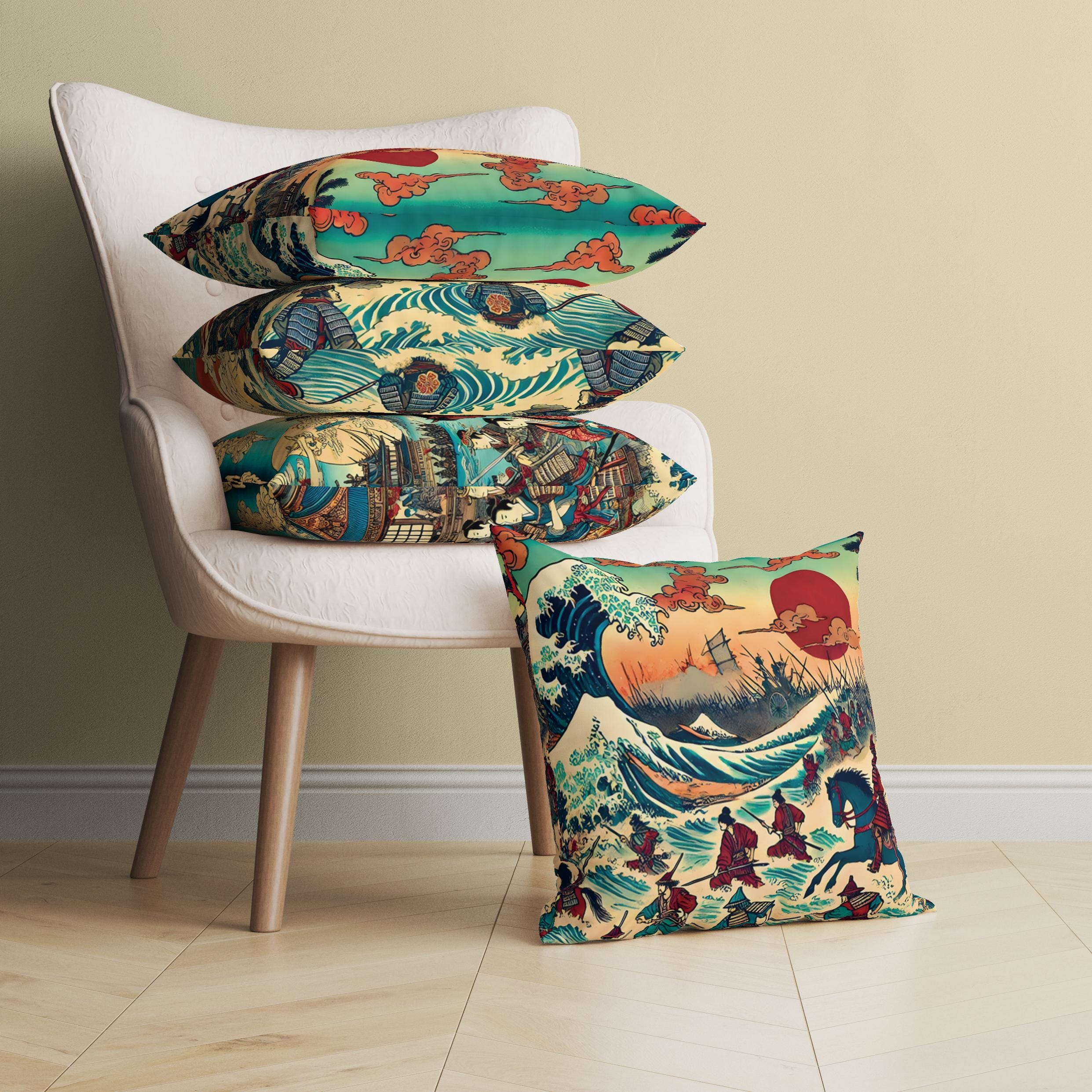 Oriental Ukiyo-e Decorative Pillow Cover With Battle Scenes