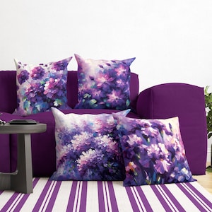 Purple Floral Pillow and Cushion Cover, 4 Styles, Vibrant Bucolic Lilac Decorative Pillow for Garden, Chic French Country Farmhouse Decor