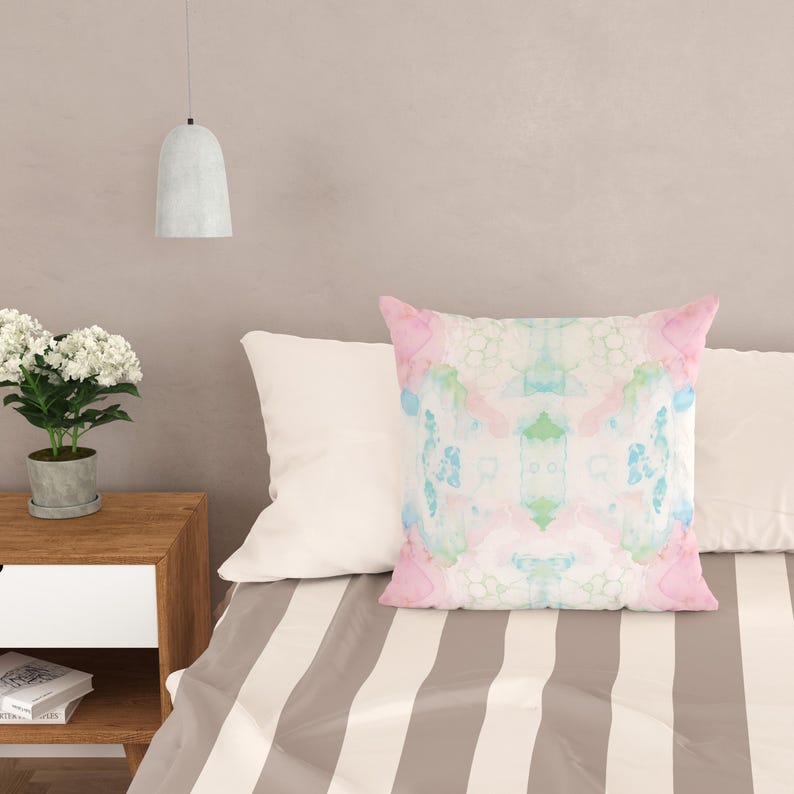 Pink Green Blue Mirrored Art Throw Pillow, Pastel Watercolor Decorative Pillow, College Girl Dorm Decor, Modern Abstract Art Cushion Cover image 3