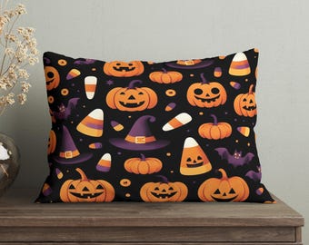 Spooky Halloween Lumbar Pillow with Candy Corn, Pumpkins, Funny Halloween Decor for Spooky Season, 20x14 25x18 Cushion, Insert Included