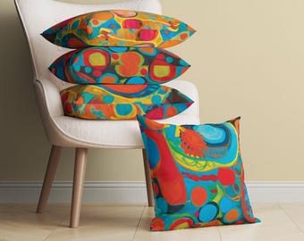 Vibrant Psychedelic Throw Pillow, Retro 70s Pillow Cover, Colorful Groovy Abstract Pillow Case, Mid Century Modern Cushion, Hippie Decor
