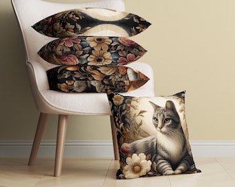 Whimsical Cat Pillow, 9 Styles, Vintage Throw Pillow Cover, Chic Accent, Cat Lover Gift, Traditional Cushion, Farmhouse Decorative Pillow