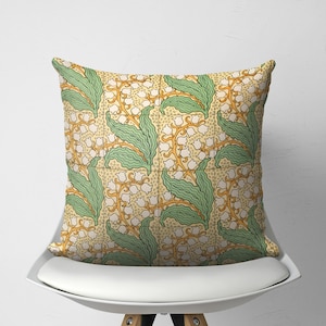 William Morris Inspired Throw Pillow, Lily of Valley Cushion Cover, Arts & Crafts Style Home Decor, Pale Yellow Green Floral Accent Pillow