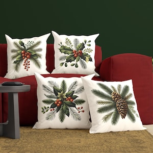 Copricuscino invernale e cuscino con rami di vischio e pigne, federa rustica natalizia per arredamento chalet alpino, cuscino decorativo