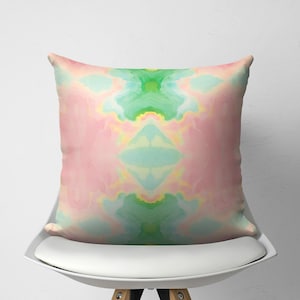 Mirrored Art Throw Pillow Cover, Pastel Green Pink Watercolor Decorative Pillow Case, College Girl Dorm Decor, Modern Abstract Art Cushion