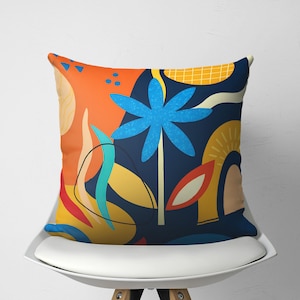 Blue Orange Abstract Throw Pillow Cover, Vibrant Modern Cushion for Couch, Colorful Yellow Pillow Case for Bedroom Decor, 14 16 18 20 24 26